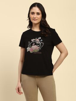 Global Republic - Black Modal Blend 3D Sequin Embellishment and Thread T-Shirt for Women