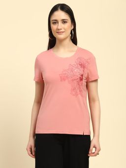 Global Republic - Pink Modal Blend Sequin Embellishment and Thread Embroidery T-Shirt for Women