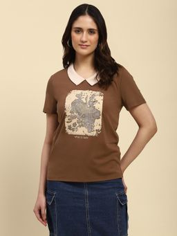 Global Republic - Brown Viscose Blend Graphic Print Chelsea Collar Half Sleeves Top for Women
