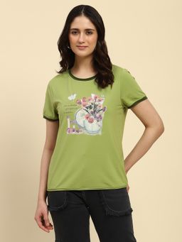 Global Republic - Green Modal Blend Embroidery T-Shirt for Women