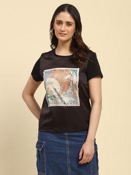 Global Republic - Black Modal Blend Graphic Print T-Shirt for Women