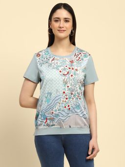 Global Republic - Blue Cotton Graphic Print T-Shirt for Women