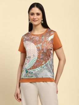 Global Republic - Rust Cotton Graphic Print T-Shirt for Women