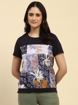 Global Republic - Navy Blue Cotton Graphic Print T-Shirt for Women