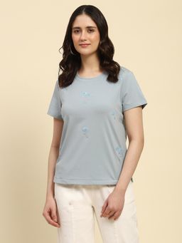 Global Republic - Blue Cotton Floral and Sequin Embroidery T-Shirt for Women