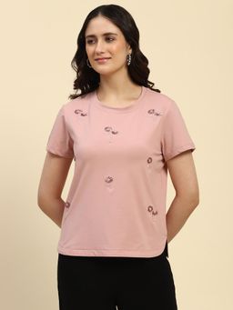 Global Republic - Pink Cotton Floral and Sequin Embroidery T-Shirt for Women