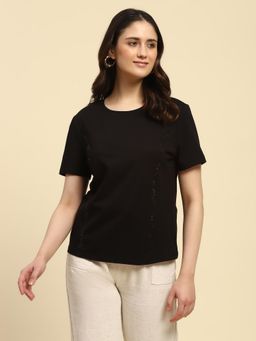 Global Republic - Black Cotton Studs Brand Name Embellishment T-Shirt for Women