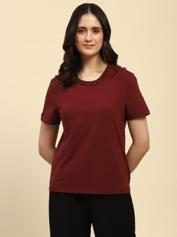 Global Republic - Wine Cotton Beads Embellishment Top for Women