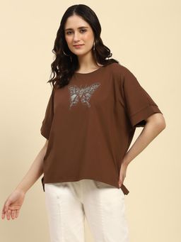 Global Republic - Brown Cotton Zari Embroidery Round Neck Half Sleeves T-Shirt for Women