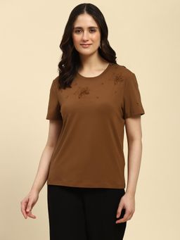 Global Republic - Brown Modal Blend Applique 3D Work and Thread Embroidery T-Shirt for Women
