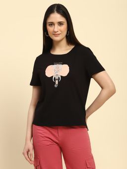 Global Republic - Black Modal Blend Embroidery T-Shirt for Women
