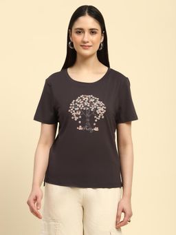 Global Republic - Grey Modal Blend Studs and Sequin Embroidery T-Shirt for Women