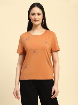 Global Republic - Orange Modal Blend Beads and Studs Floral Embellishment T-Shirt for Women