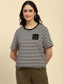 Global Republic - Black Cotton Blend Horizontal Stripes Round Neck Half Sleeves T-Shirt for Women
