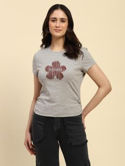 Global Republic - Grey Cotton Blend Sequin Floral Embroidery T-Shirt for Women