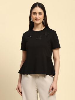 Global Republic - Black Cotton Blend Applique Embroidery Top for Women