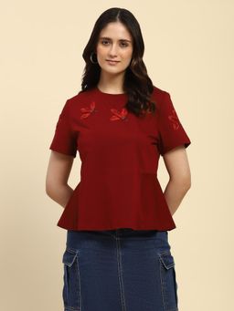 Global Republic - Red Cotton Blend Applique Embroidery Top for Women