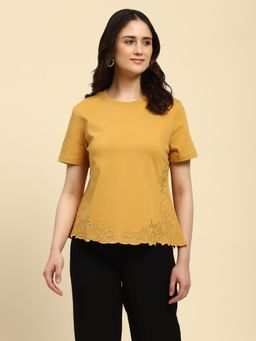 Global Republic - Yellow Cotton Blend Floral Embroidery Top for Women
