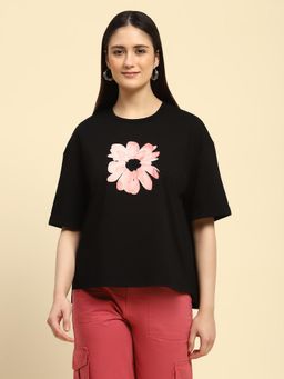 Global Republic - Black Cotton Blend Graphic 3D Print T-Shirt for Women