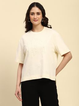 Global Republic - Cream Cotton Blend Thread Embroidered T-Shirt for Women