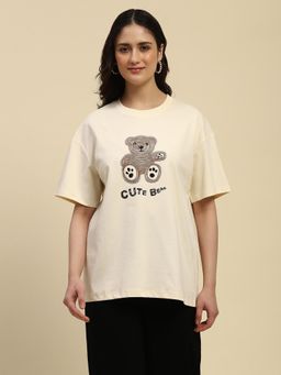 Global Republic - Cream Cotton Blend Graphic Print and Studs T-Shirt for Women