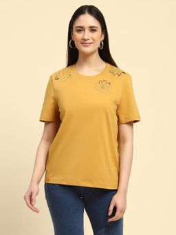 Global Republic - Yellow Cotton Blend Floral Cut Out Embroidery Around Neck Top for Women