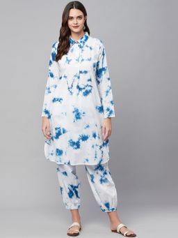 Divena - White & Blue Cotton Shirt Style Kurta with Hem Cuffed Pants (Set of 2)