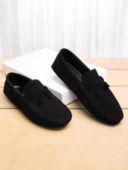 Louis Stitch - Black Italian Suede Leather Handmade Driving Tassel Loafers