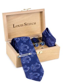 Louis Stitch - Mens Navy Blue Silk Necktie Accessory Gift Set