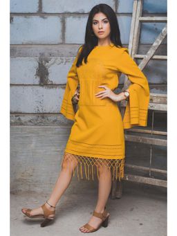 BOHO-CHIC By Sukriti Jain - Yellow Laser Cut Cape Sleeved Knee Length Dress