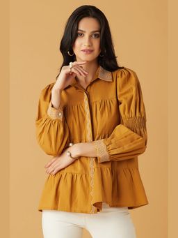 BOHO-CHIC By Sukriti Jain - Mustard Embroidered Tiered Button-Down Shirt