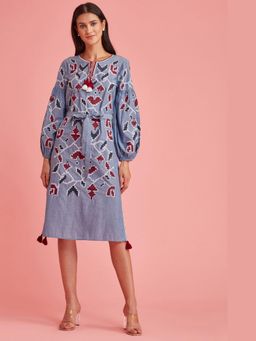 BOHO-CHIC By Sukriti Jain - Blue Cross Stitch Embroidered Midi Dress