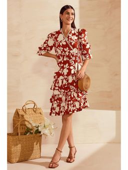 BOHO-CHIC By Sukriti Jain - Brown Floral Eyelet Laced Knee Length Dress