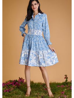 BOHO-CHIC By Sukriti Jain - Blue Mixed Printed Smocked Waistline Knee Length Dress
