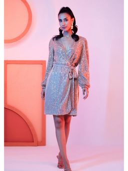 BOHO-CHIC By Sukriti Jain - Rose Gold Champagne Wrap Sequin Knee Length Dress