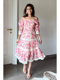 BOHO-CHIC By Sukriti Jain - Cream Nriti Shah Rose Printed Midi Dress