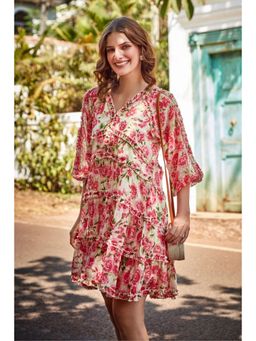 BOHO-CHIC By Sukriti Jain - Cream Rosy Printed Chiffon Mini Dress