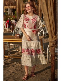 BOHO-CHIC By Sukriti Jain - Cream Amber Floral Embroidered And Broderie Midi Dress