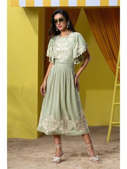 BOHO-CHIC By Sukriti Jain - Green Matcha Flutter Sleeved Embroidered Midi Dress