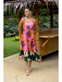 BOHO-CHIC By Sukriti Jain - Pink Tropical And Vibrant Printed Midi Dress