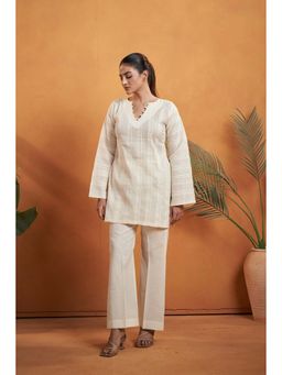 AFFROZ - Women Ivory Cotton Jacquard Short Kurta and Pant