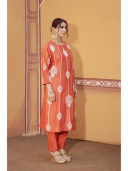 THETAA - Orange Dori Embroidery Work A Line Kurta And Pant