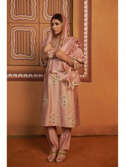 THETAA - Maati - Onion Pink Jari Buttis, Mirror Work Kurta And Pant With Dupatta