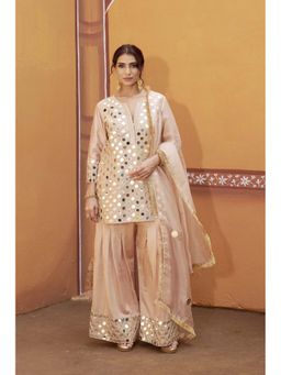 THETAA - Beige Hand Embroidered Short Cris Cross Kurta With Pleated Palazzo And Dupatta