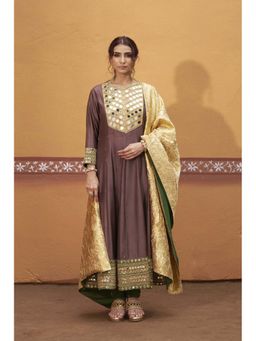 THETAA - Brown Hand-Embroidered Mirror Work Anarkali With Churidar and Dupatta