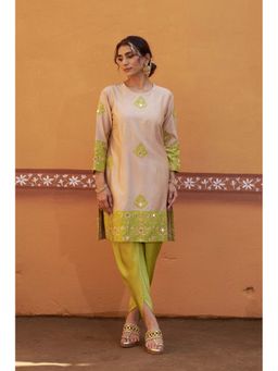 THETAA - Half And Half Beige Green Kurta With Tulip Pants