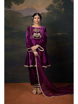 THETAA - Hand-Embroidered Velvet Purple Kalidar Anarkali Set