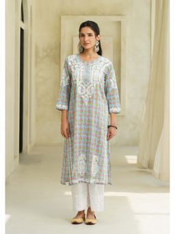 House of Chikankari - Blue Cotton Chikankari Printed Kurta