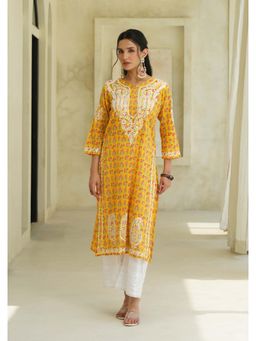 House of Chikankari - Yellow Cotton Chikankari Printed Kurta