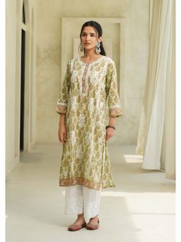 House of Chikankari - Green Cotton Chikankari Printed Kurta